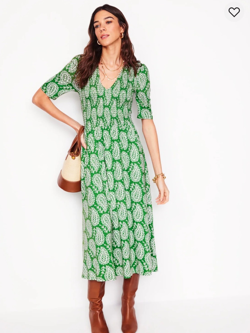 Boden Green Paisley V-Neck Midi Dress